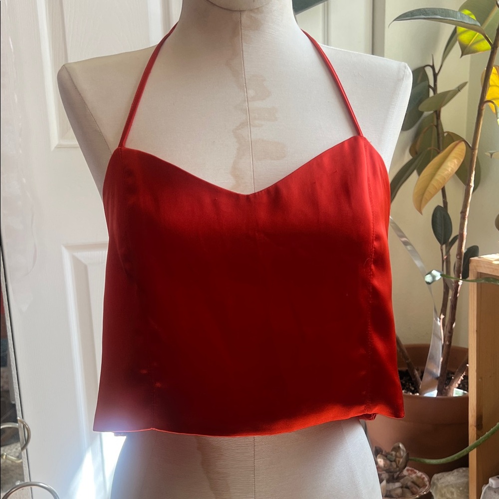 Red House of Harlow Satin Halter Crop Top hand sewn with tie back bow Sweetheart